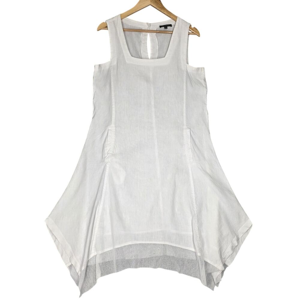 FOR CYNTHIA PETITE LINEN BLEND HANDKERCHIEF HEM MIDI DRESS – WHITE – SIZE PL